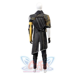 Clair Obscur: Expedition 33 Gustave cosplay outfit pairs asymmetric coat over neck scarf, arm warmers and yellow wrap.