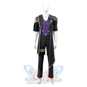Clair Obscur: Expedition 33 Gustave cosplay coat layers armored shoulder over purple pinstriped vest and grey pants.