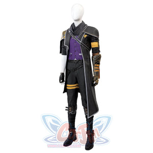 Clair Obscur: Expedition 33 Gustave cosplay coat pairs dark pants with gauntlets and neck scarf.