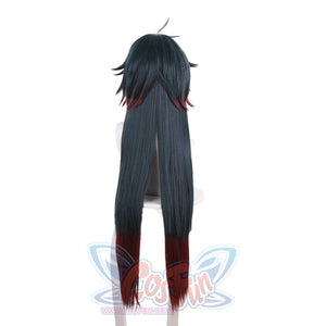 Honkai: Star Rail Blade cosplay wig layers dark grey-black strands over a crimson-tipped split tail section.