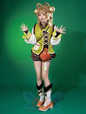 Genshin Impact Yaoyao cosplay costume sets green laced vest over ruffled shirt paired with fur-trimmed boots.