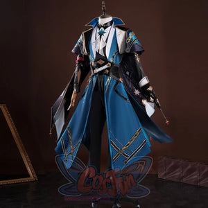 Honkai: Star Rail Anaxagoras Anaxa cosplay coat pairs a teal capelet over a cravat shirt, belt, and fingerless gloves.