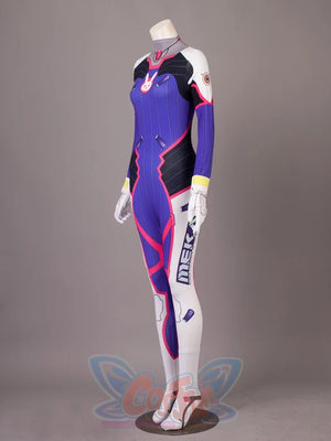OW D.Va Hana Song cosplay suit balances printed logos across the torso and anchors attached gloves and foot covers.