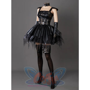 HORROR BISHOUJO Edward Scissorhands cosplay skirt layers tiered ruffles beneath buckled belts with thigh-high buckled.