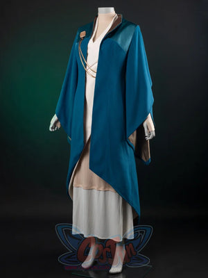 The Acolyte Mon Mothma cosplay robe pairs a teal open-front draped sleeve piece with a gold shoulder clasp and ribbed.