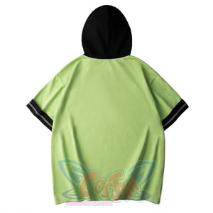 Back view of green Frog Printed Short Sleeve Hooded Sweatshirt showing black hood and sleeves