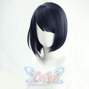 Genshin Impact Kujou Sara cosplay wig frames a dark blue bob with asymmetrical fringe and layered sides.