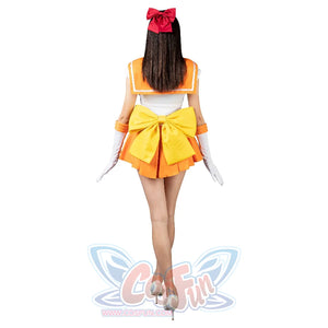 Sailor Venus Minako Aino cosplay skirt set balances a large yellow waist bow and red hair bow over white gloves.