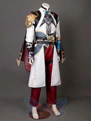 Honkai: Star Rail Jing Yuan cosplay outfit pairs a patterned white overcoat with a detachable cape and one gloved sleeve.