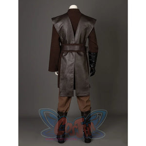 Halloween Anakin Skywalker cosplay costume sets a three-quarter back view of leatherette tabards anchored by an obi belt.