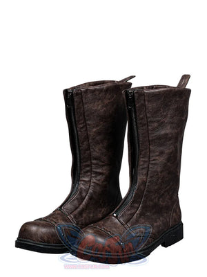 Final Fantasy VII Rebirth FF7R Cloud Strife cosplay boots frame metal studs across distressed brown toe caps.