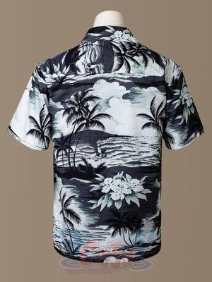 Venom: The Last Dance Eddie Brock cosplay shirt back view, palm trees, waves, and floral motifs across fabric.