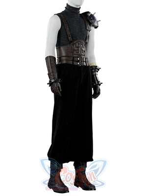 Final Fantasy VII Rebirth FF7R Cloud Strife cosplay set anchors a spiked left pauldron over a ribbed turtleneck.