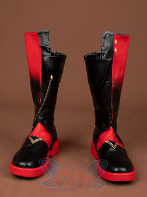 Genshin Impact Tartaglia Childe cosplay boots pair balancing tall black shafts against red soles and hanging chain details.