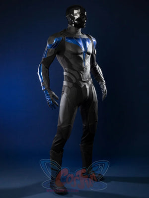 Nightwing cosplay costume - Side view with blue arm guards and chest details