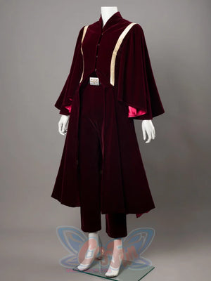 Halloween Padme Amidala cosplay coat balances split sleeves and pink lining against an ornate silver belt buckle.
