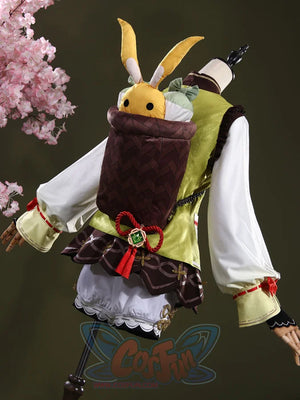 Genshin Impact Yaoyao cosplay costume back view pairs woven basket backpack and plush rabbit over green patterned vest.