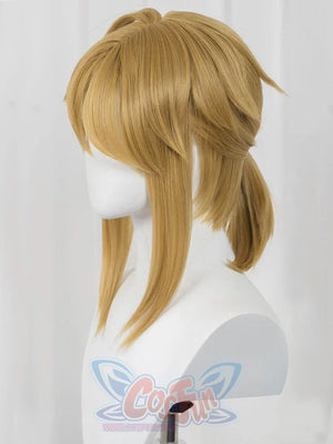 The Legend of Zelda Tears of the Kingdom Link cosplay wig pairs full bangs with a low-tied ponytail from a three-quarter.