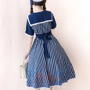 Summer Color Blocking Stripe Short-sleeved Dress - cosfun