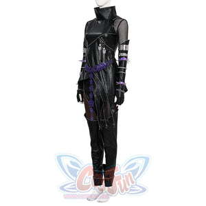 Side view of Mira cosplay costume killer black suit with black leather top, high collar, mesh panels, studded arm accessories, purple accents.