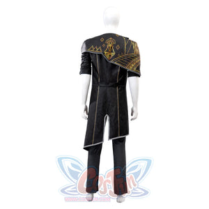 Clair Obscur: Expedition 33 Gustave cosplay vest centers gold geometric embroidery above split-tail hem and gold trim.