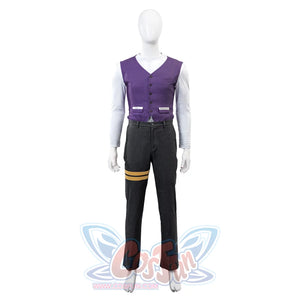 Clair Obscur: Expedition 33 Gustave cosplay vest pairs purple pinstripe panel beside black trousers and yellow thigh stripes.