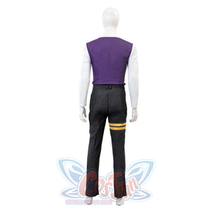 Clair Obscur: Expedition 33 Gustave cosplay pants set balances purple pinstripe vest.