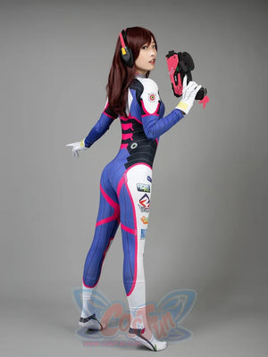 OW D.Va Hana Song cosplay bodysuit traces blue white and pink panels from the side and pairs a prop blaster.