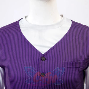 Clair Obscur: Expedition 33 Gustave cosplay base shirt anchors white crewneck beneath purple pinstriped vest.