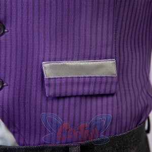 Clair Obscur: Expedition 33 Gustave cosplay vest traces pinstripe pattern across flap pocket and silver trim detail.