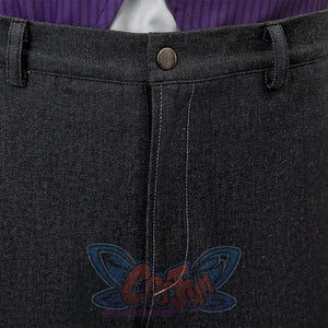 Clair Obscur: Expedition 33 Gustave cosplay trousers anchor dark denim fabric beside contrast white stitching detail.