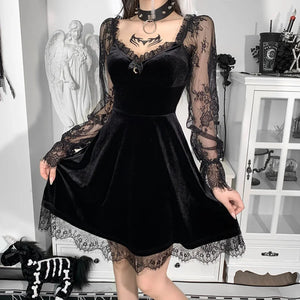 Sexy Velvet High Waist Lace Long Sleeve Princess Short Dress S22905 Black / S