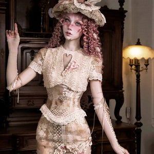 Rococo Duchess Lace Crop Top with Heart Cutout and Crew Neck