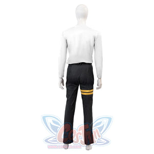 Clair Obscur: Expedition 33 Gustave cosplay shirt balances white long-sleeve against dark grey pants and yellow thigh detail.