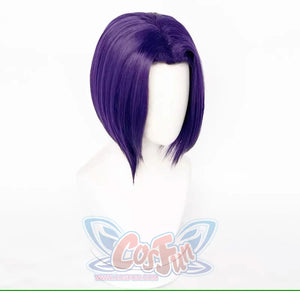 Raven Rachel Roth cosplay wig frames the face with angled purple bob and pointed front pieces.