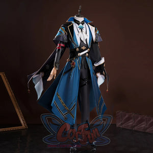 Honkai: Star Rail Anaxagoras Anaxa cosplay tailcoat frames gold trim lapels above a ruffled jabot anchored by a star emblem.