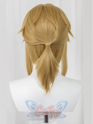 The Legend of Zelda Tears of the Kingdom Link cosplay wig gathers golden blonde length into a small low-bound ponytail at.