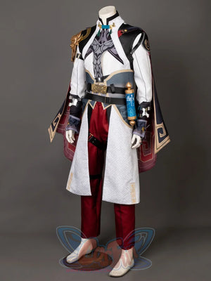 Honkai: Star Rail Jing Yuan cosplay coat anchors white panels above an elaborate gold buckle belt and black-red cape.