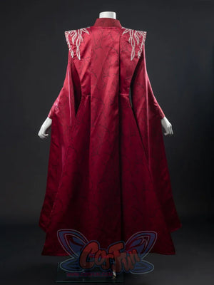 Rhaenyra Targaryen cosplay gown sets white beaded shoulder embroidery against full-length crimson brocade in a rear view.