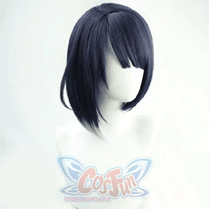 Genshin Impact Kujou Sara cosplay wig balances a navy bob cut with straight-cut bangs at shoulder length.