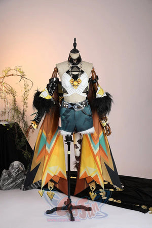Genshin Impact Xilonen cosplay set balances a multicolor geometric cape over a white cropped top and teal fur shorts.