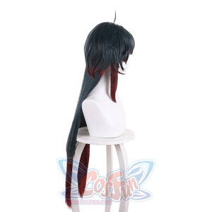 Honkai: Star Rail Blade cosplay wig traces dark teal-black length upward to a wispy red ombre top piece.