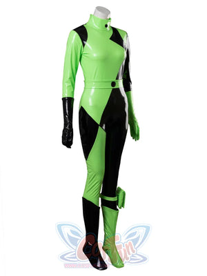 Kim Possible Shego cosplay one-piece suit pairs a high neck silhouette with a green leg pouch and belt.