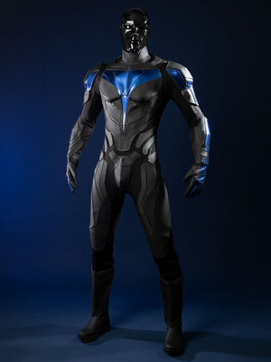 Nightwing cosplay costume - Front view with blue chest armor and shoulder guards