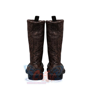 Final Fantasy VII Rebirth FF7R Cloud Strife cosplay boots rear view traces heel pull tabs up textured brown shafts.