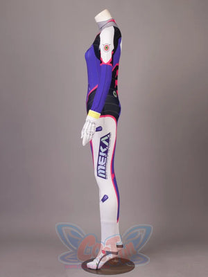 OW D.Va Hana Song cosplay bodysuit sets purple black panels beside one white glove and one white foot cover.