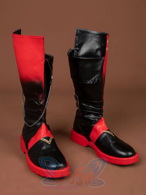 Genshin Impact Tartaglia Childe cosplay boots in split red and black design layering multiple buckles over a cuff top.