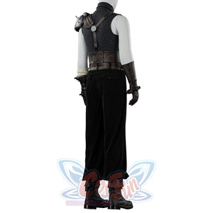 Final Fantasy VII Rebirth FF7R Cloud Strife cosplay rear view centers the harness over wide-leg black trousers.