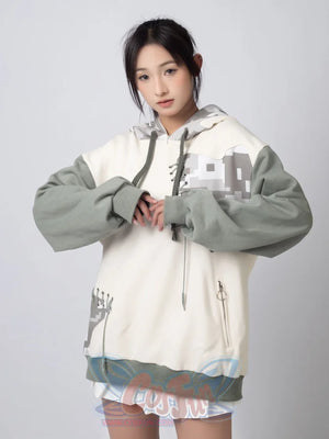 Front portrait of gorilla Full Zip Hoodie with hood up, showcasing soft gray sleeves and white body