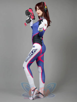 OW D.Va Hana Song cosplay jumpsuit centers MEKA and Korean text on the thigh beside a prop blaster and headset.
